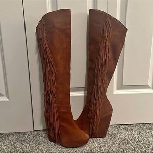 Steve Madden Badgess Suede Fringe Over the Knee Wedge Heel Boots- Sz 7.5 Western